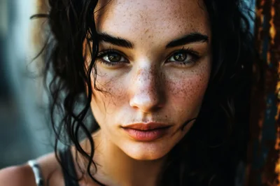 Close Up Portrait Of A Young Woman With Freckles