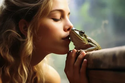 Young Woman Kissing A Frog On A Wooden Rail