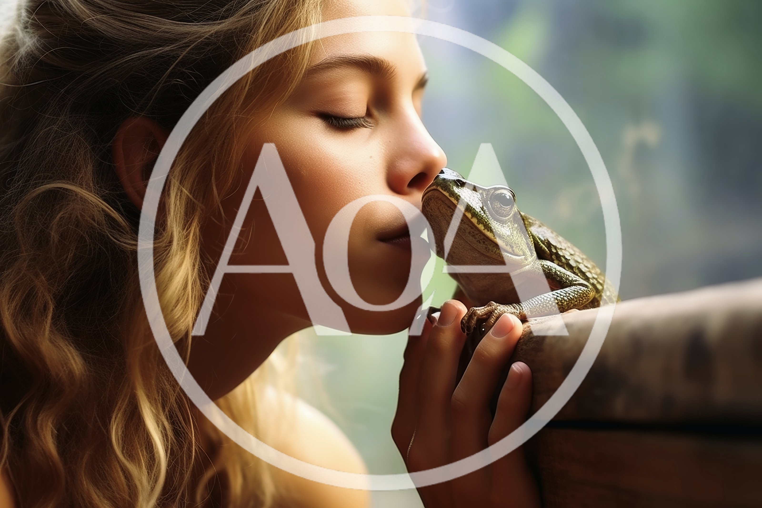 Young Woman Kissing A Frog On A Wooden Rail