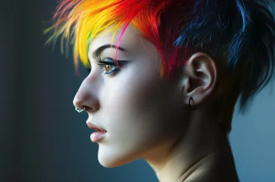 Profile Portrait Of A Young Woman With Rainbow Hair