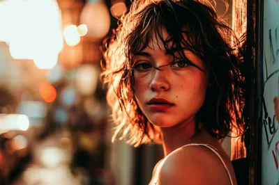 Portrait Of A Young Woman In Urban Night Lighting