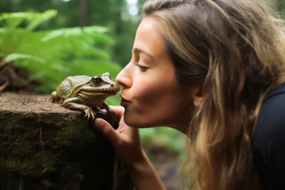 Young Woman Kissing A Large Frog In The Forest