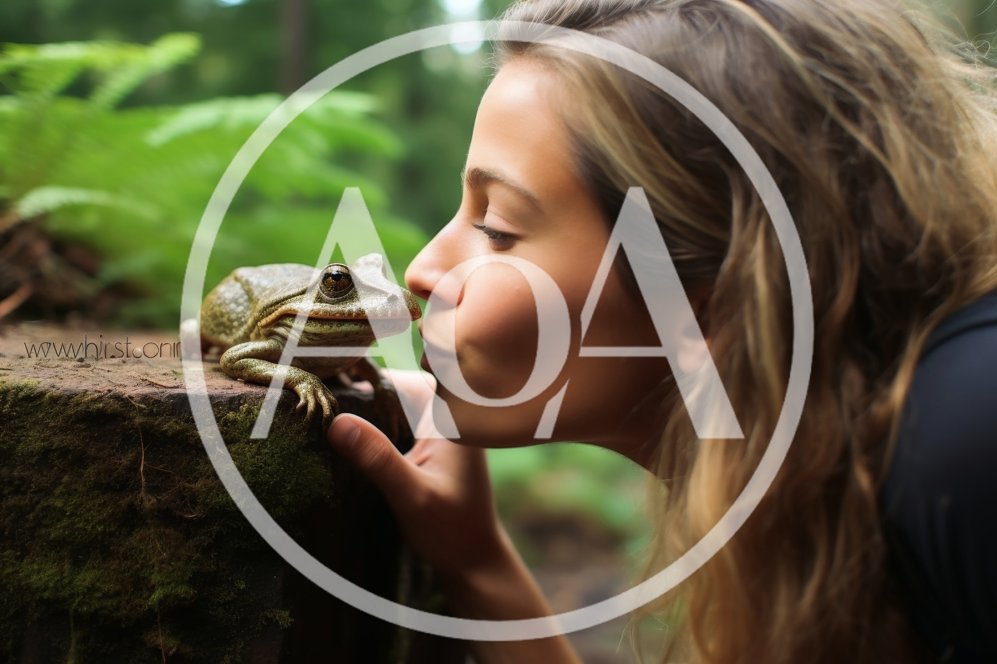 Young Woman Kissing A Large Frog In The Forest