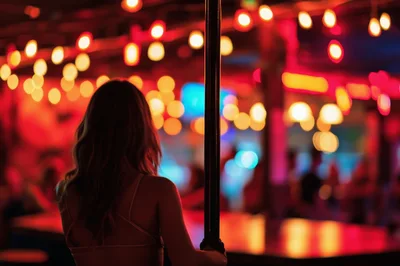 Woman Standing By A Pole In A Nightclub