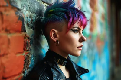 Young Woman With Colorful Punk Hair Against Graffiti Wall