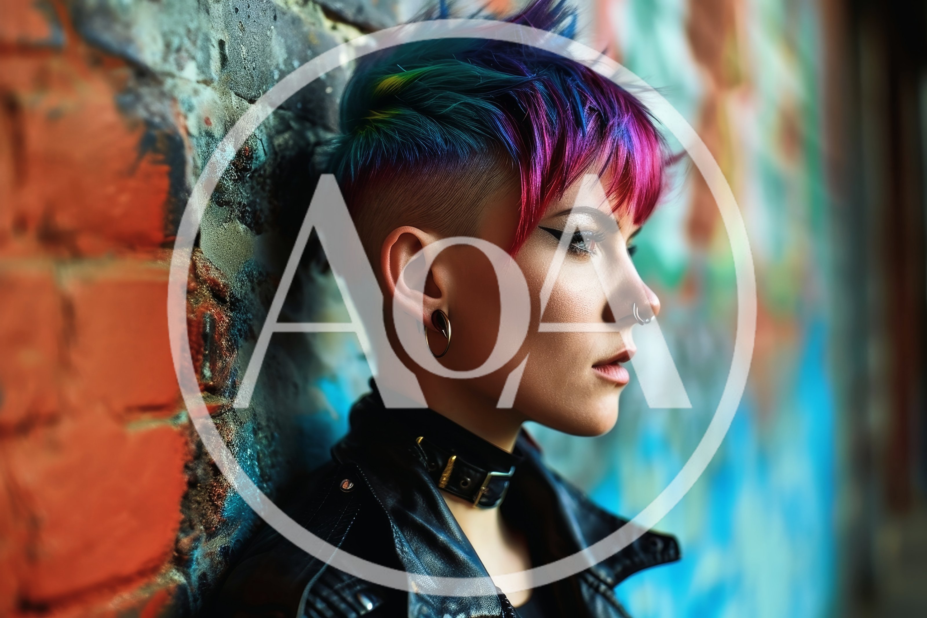 Young Woman With Colorful Punk Hair Against Graffiti Wall