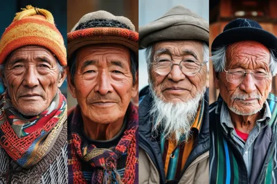 Portraits Of Four Elderly Asian Men In Traditional Clothing