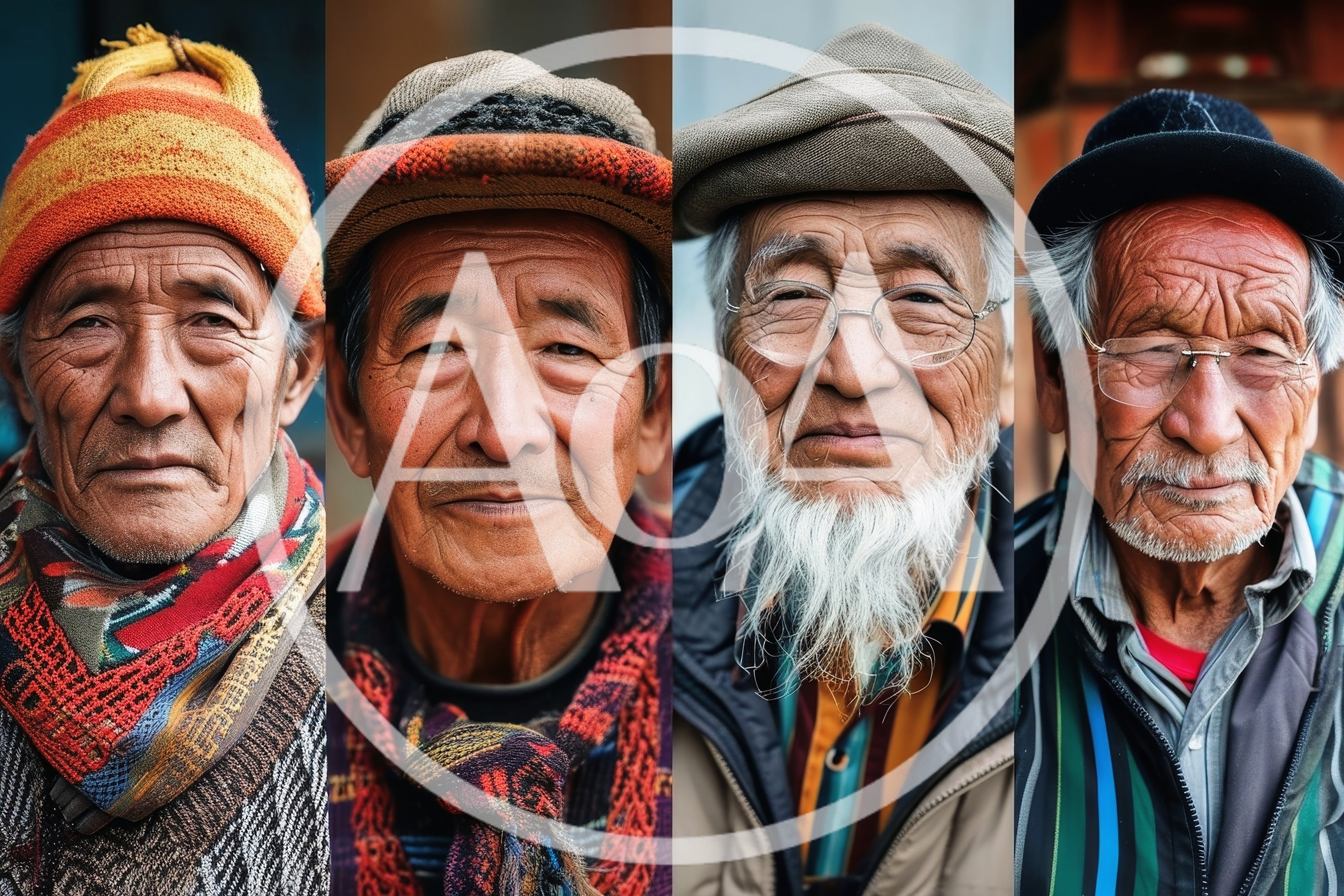 Portraits Of Four Elderly Asian Men In Traditional Clothing