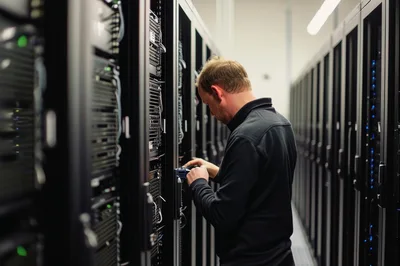 IT Technician Working On Server Rack In Data Center