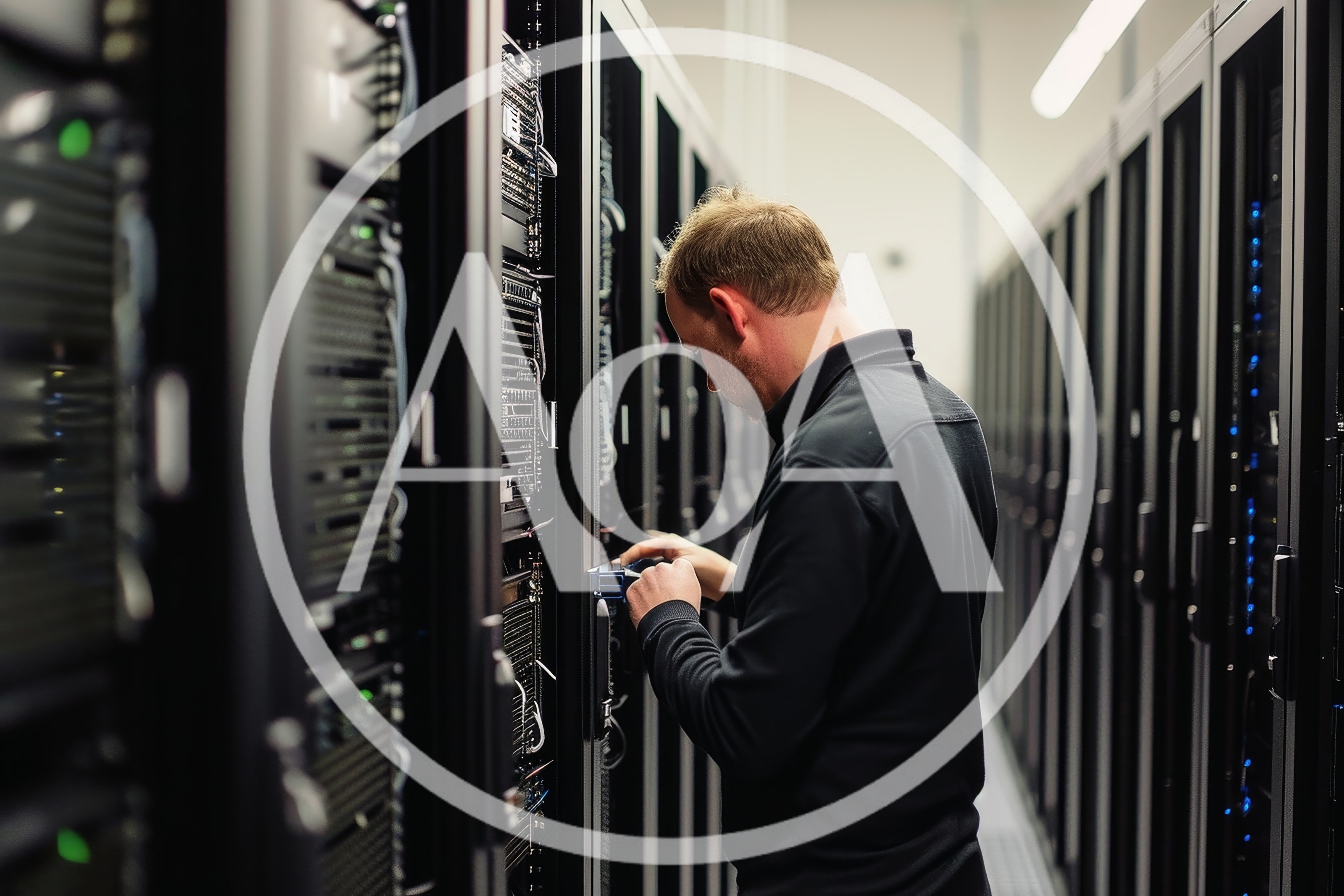 IT Technician Working On Server Rack In Data Center
