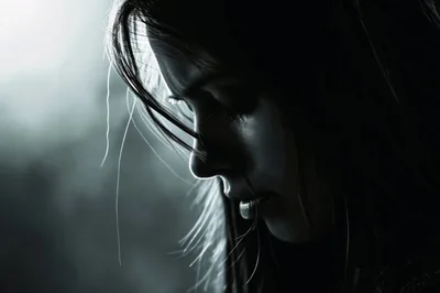 Close Up Portrait Of A Sad Woman In Shadow