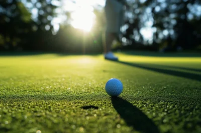 Golf Ball Resting On Green Near Hole At Sunset