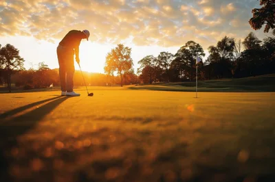 Golfer Putting On Green At Sunset