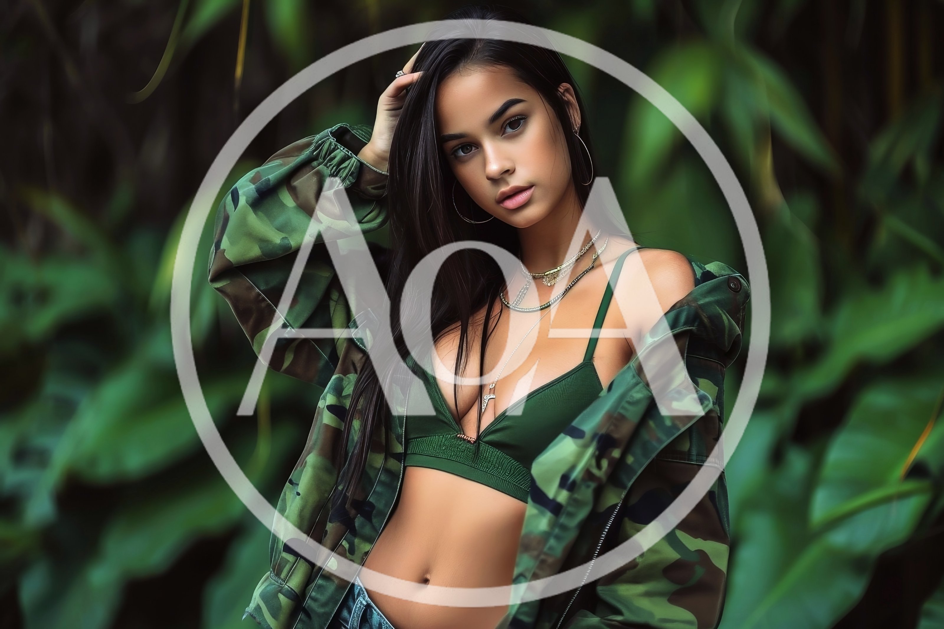 Young Woman Posing In Camouflage Jacket And Green Bra