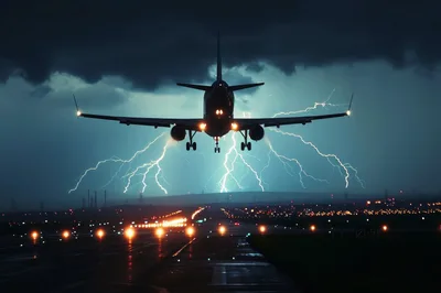Commercial Airplane Landing During A Severe Thunderstorm