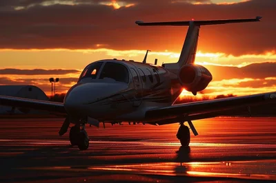 Private Jet Parked On Tarmac At Sunset