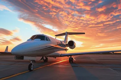 Private Jet Parked On Tarmac At Sunset