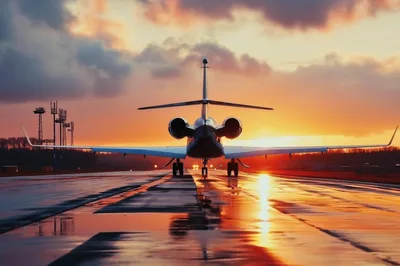 Private Jet Parked On Wet Runway At Sunset