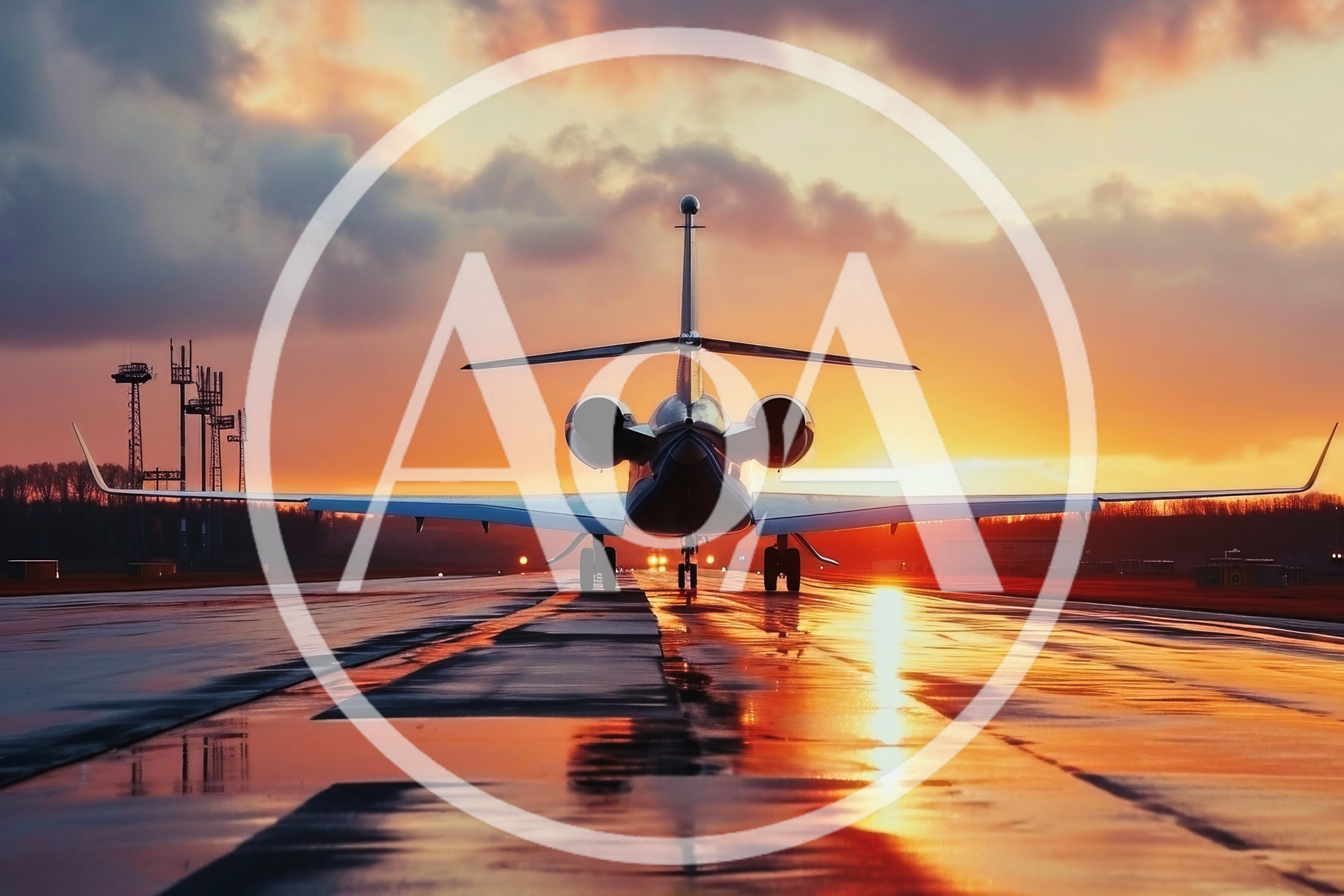 Private Jet Parked On Wet Runway At Sunset