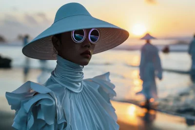 Fashion Model Wearing Futuristic Hat And Sunglasses On Beach