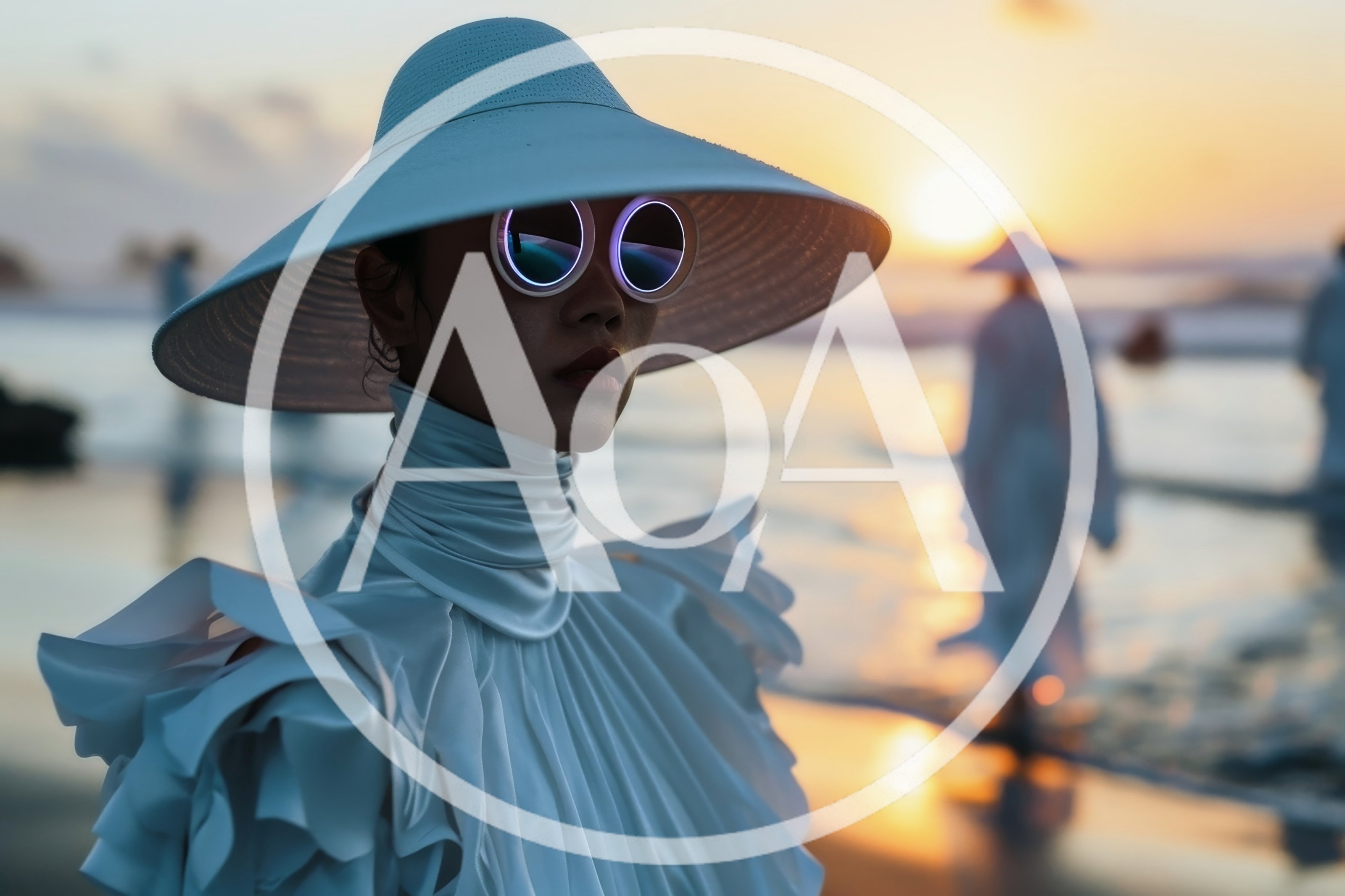 Fashion Model Wearing Futuristic Hat And Sunglasses On Beach