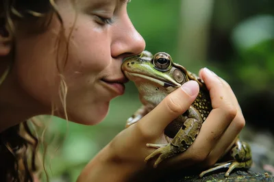 Young Woman Gently Holding And Kissing A Green Frog