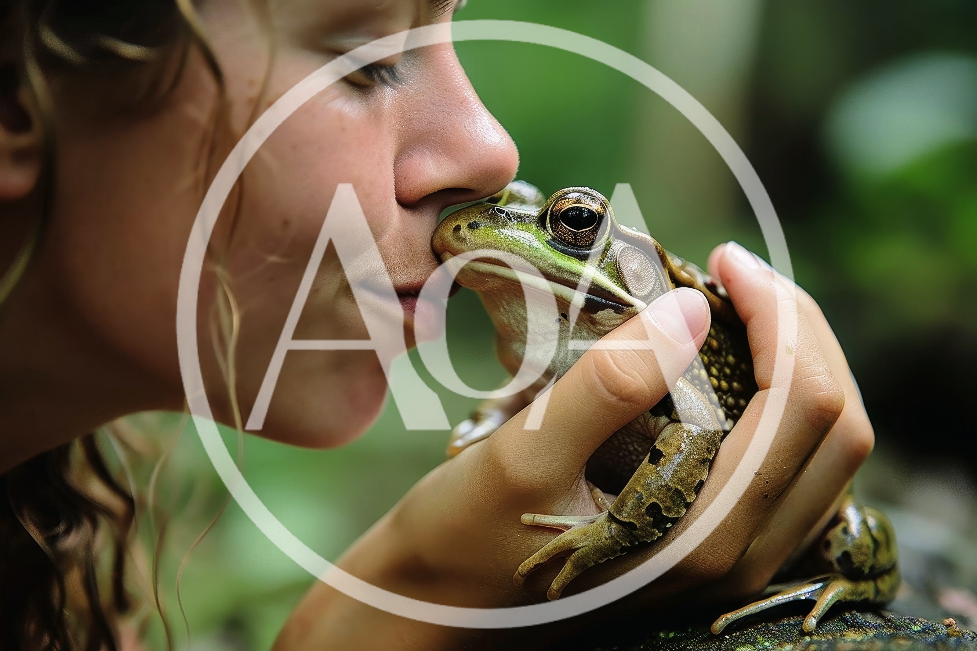 Young Woman Gently Holding And Kissing A Green Frog