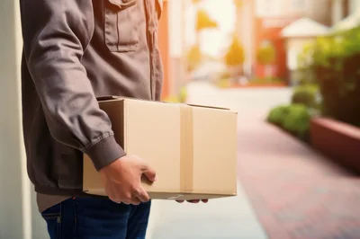 Delivery Person Carrying A Cardboard Box Outdoors