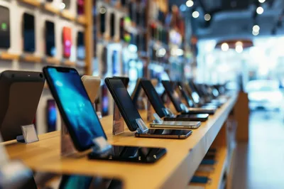 Smartphones Displayed On Shelves In A Retail Store