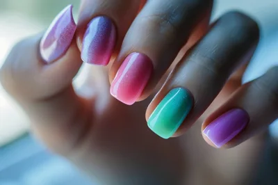 Close Up Of Woman Hand With Colorful Manicured Nails