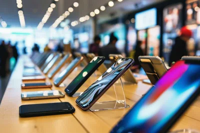 Smartphones Displayed On A Table In An Electronics Store