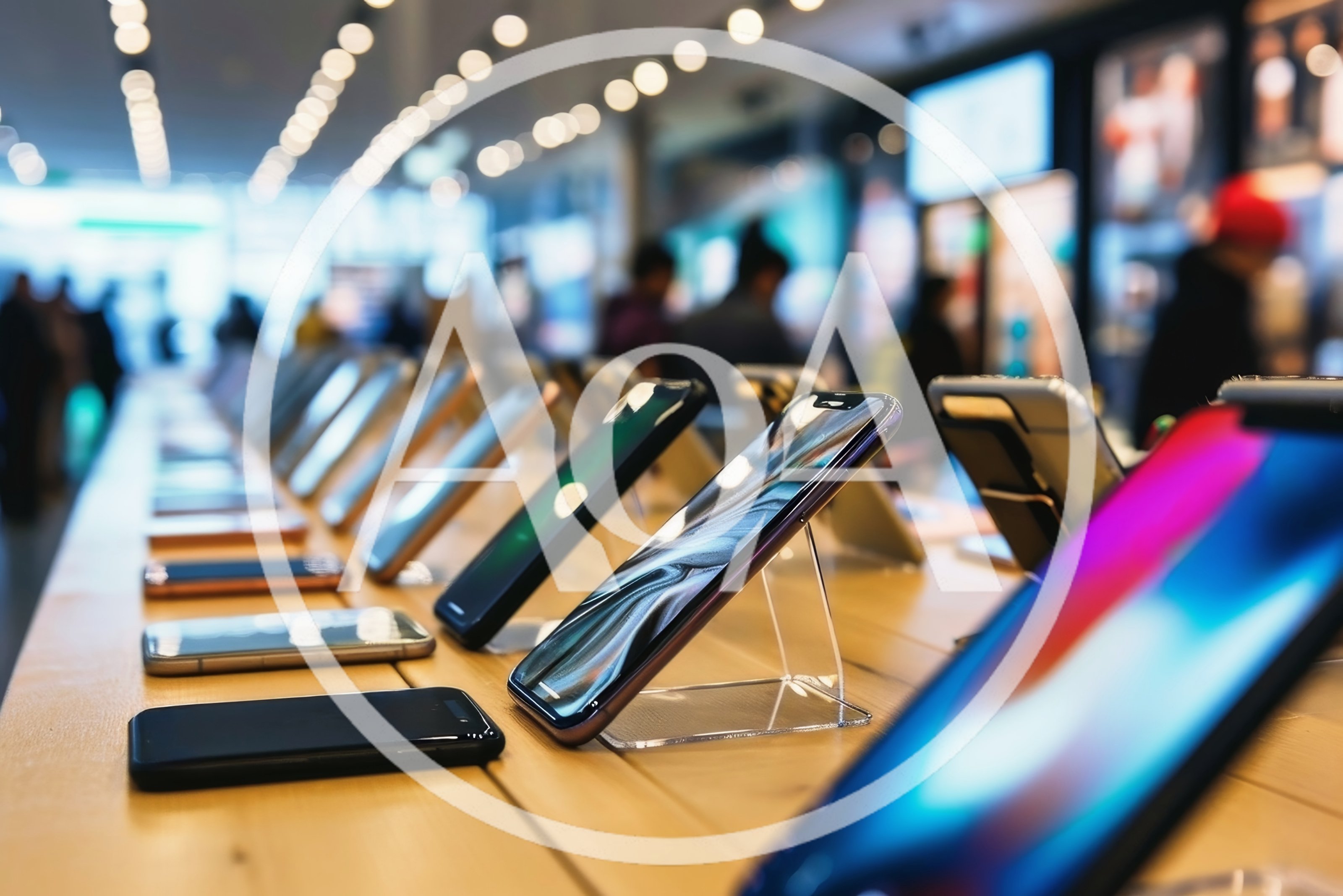 Smartphones Displayed On A Table In An Electronics Store