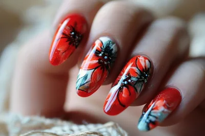 Close Up Of Artistic Red Floral Nail Art Design