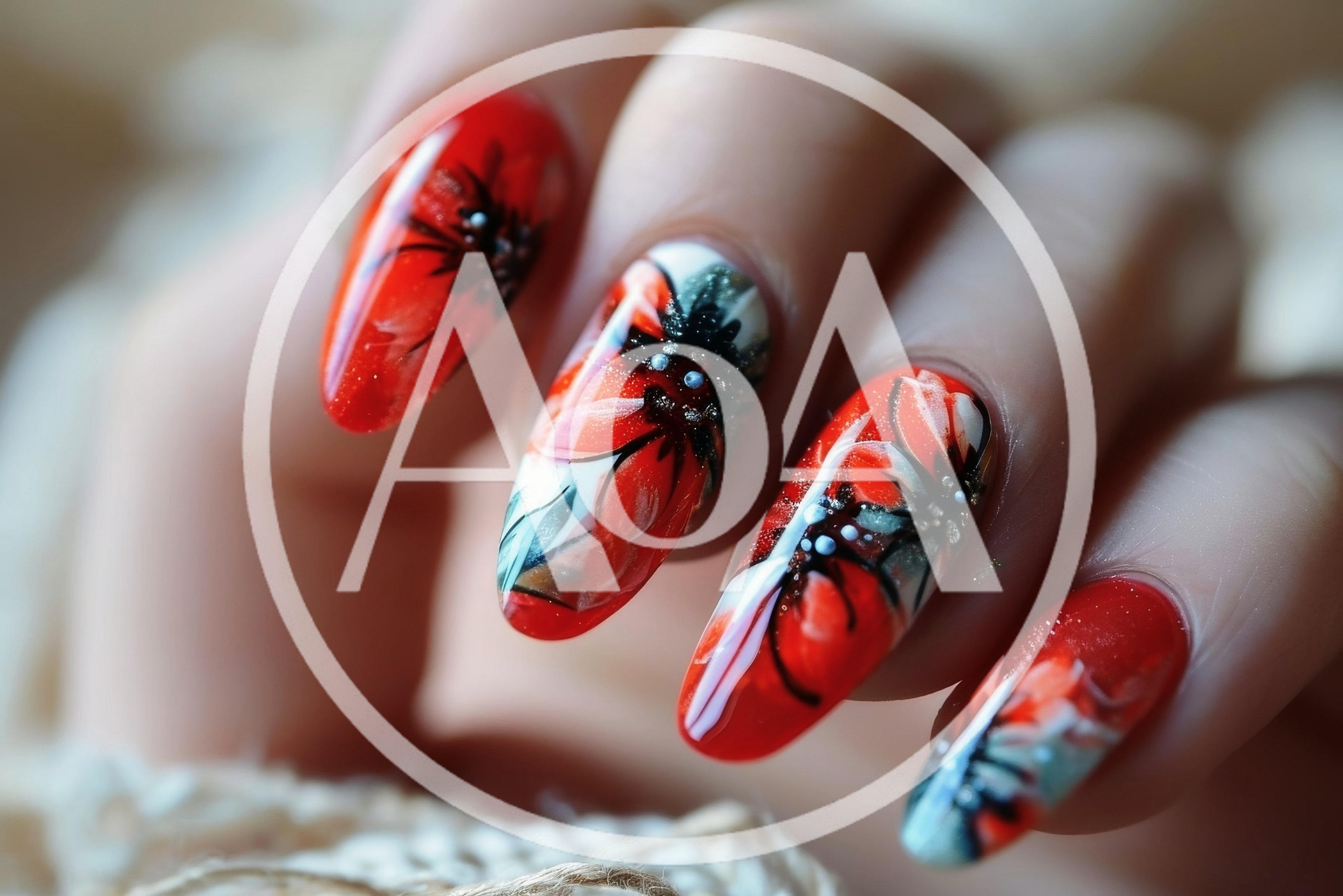 Close Up Of Artistic Red Floral Nail Art Design