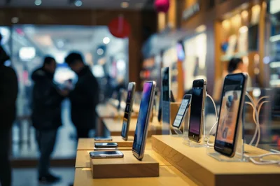 Smartphones Displayed On Wooden Stands In Electronics Store