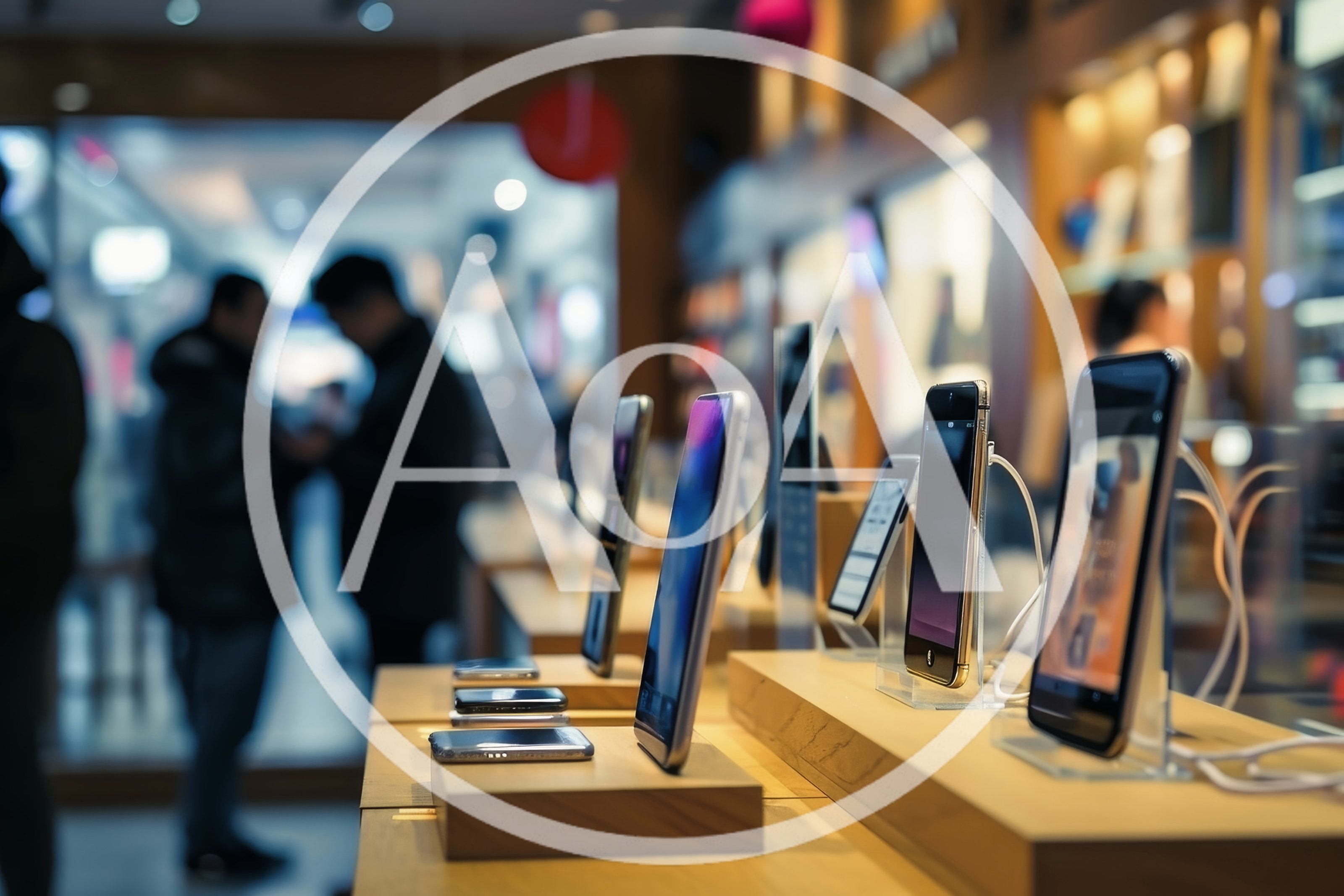 Smartphones Displayed On Wooden Stands In Electronics Store