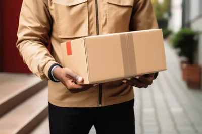 Delivery Person Holding A Cardboard Package Outdoors
