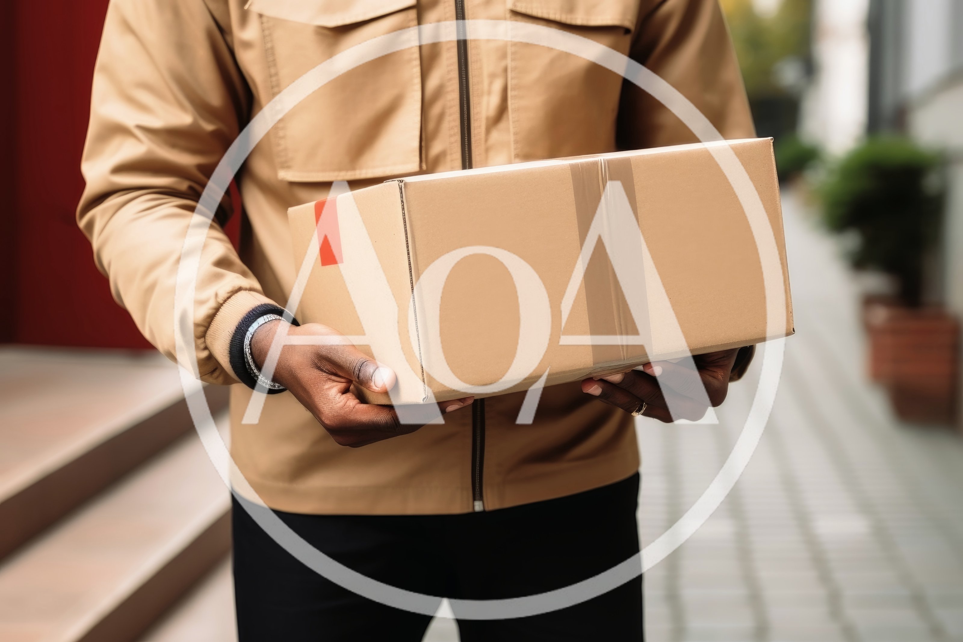 Delivery Person Holding A Cardboard Package Outdoors