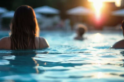 People Relaxing In A Swimming Pool At Sunset