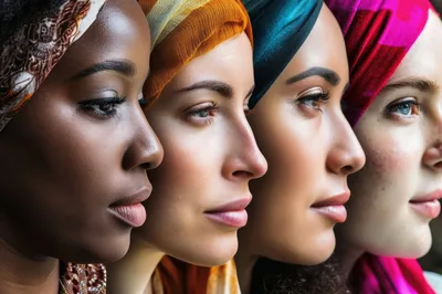 Diverse Women Wearing Colorful Hijabs In Profile
