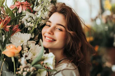 Smiling Young Woman Surrounded By Fresh Spring Flowers