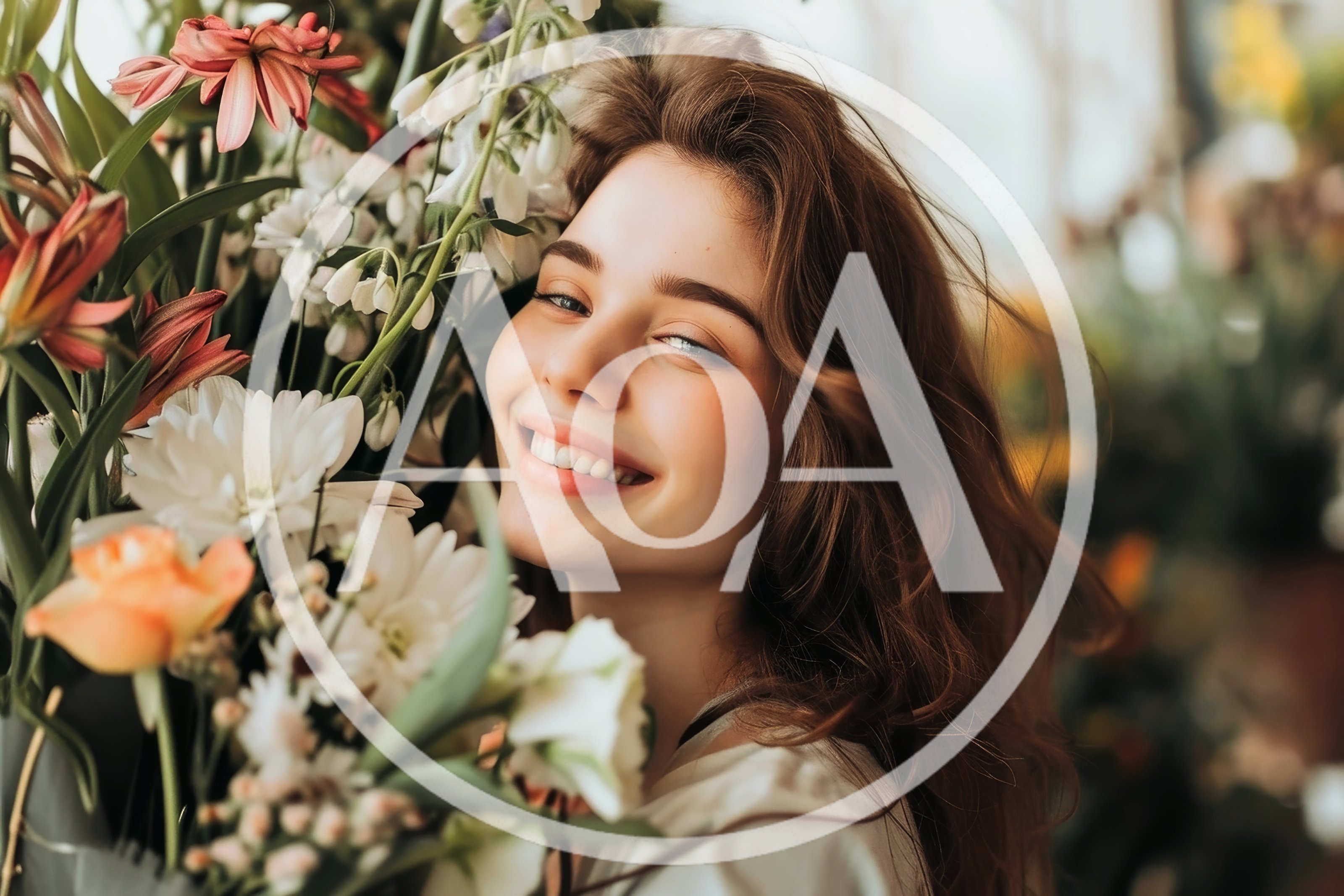 Smiling Young Woman Surrounded By Fresh Spring Flowers