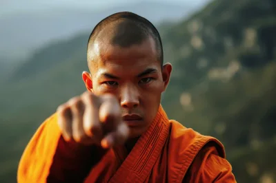 Shaolin Monk Performing A Focused Martial Arts Punch
