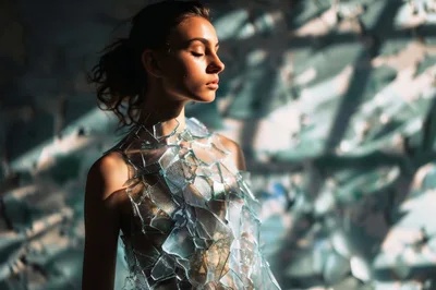 Portrait Of A Woman Wearing A Shattered Glass Dress