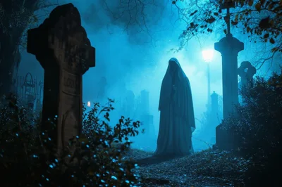 Ghostly Figure Standing In A Foggy Night Cemetery