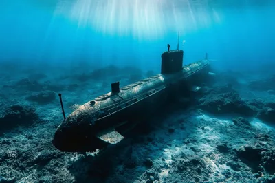 Sunken Submarine Resting On The Ocean Floor