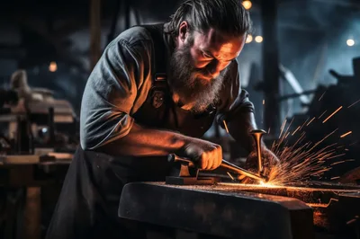 Blacksmith Forging Metal With Sparks In Workshop