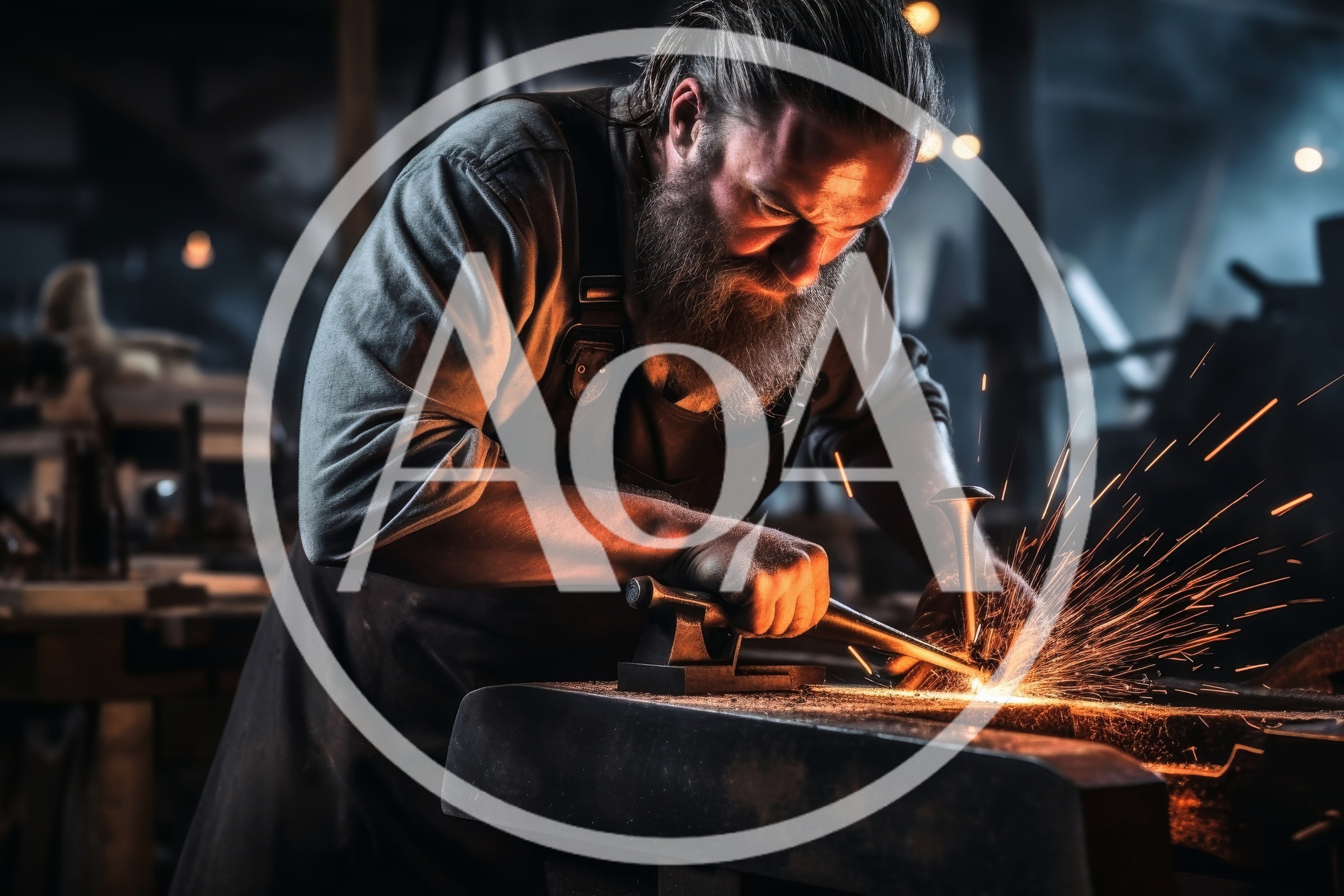 Blacksmith Forging Metal With Sparks In Workshop
