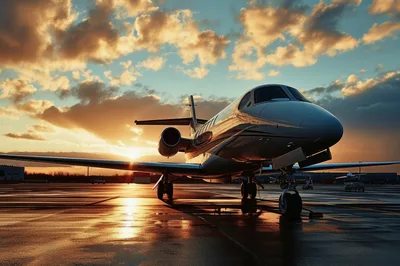 Private Jet Parked On Tarmac At Sunset