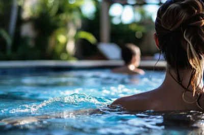 Woman Relaxing In A Luxury Resort Swimming Pool